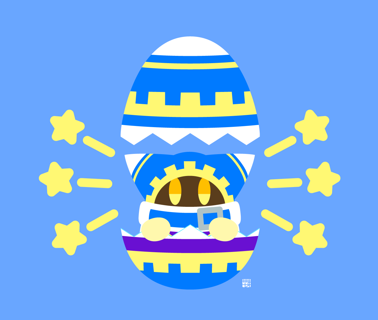 belt blue_background blue_belt cape easter_egg egg flat_color hatching kirby_(series) looking_at_viewer magolor nintendo no_humans no_lineart no_nose rayman_limbs sasakinao signature simple_background solo star_(symbol) white_cape yellow_eyes