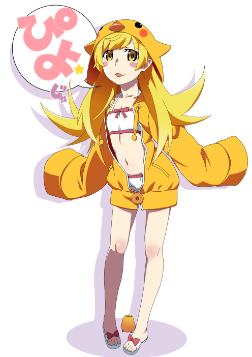 1girl animal bad_id bad_pixiv_id bare_legs bikini bird bird_hood blonde_hair blush_stickers chick commentary drop_shadow full_body gesugesu_ahoaho hood hoodie long_hair long_sleeves looking_at_viewer monogatari_(series) navel open_clothes open_hoodie open_mouth oshino_shinobu partially_unzipped pointy_ears simple_background sleeves_past_fingers sleeves_past_wrists smile solo speech_bubble spoken_sound_effect standing swimsuit toes very_long_hair white_background white_bikini yellow_eyes yellow_hoodie