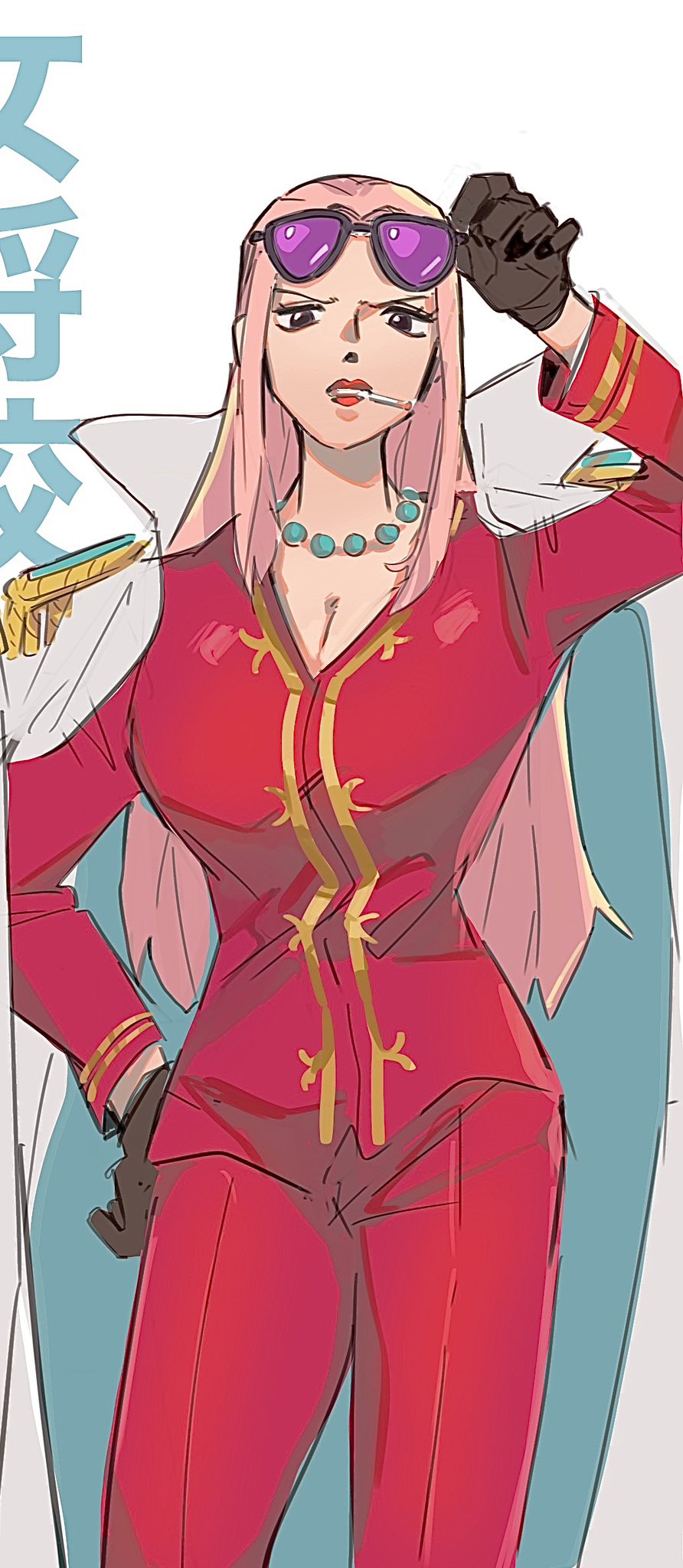 1girl cigarette coat collared_coat epaulettes eyewear_on_head formal_clothes gloves hand_on_own_hip highres hina_(one_piece) jewelry long_hair maruwoz necklace one_piece pearl_necklace pink_hair red_lips red_suit simple_background solo suit white_background white_coat