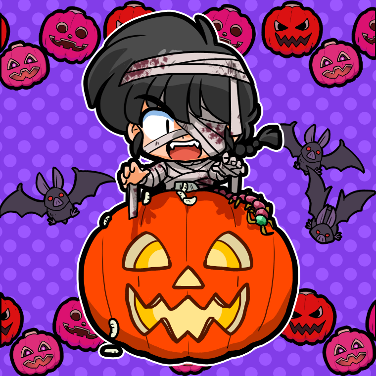 1boy bandaged_arm bandaged_chest bandaged_head bandages bat_(animal) black_hair blood blood_stain bloody_bandages braid braided_ponytail bug centipede chibi chibi_only fangs halloween halloween_costume jack-o&#039;-lantern looking_at_viewer maggot mummy_costume one_eye_covered open_mouth polka_dot polka_dot_background purple_background ranma_1/2 saotome_ranma wanta_(futoshi)