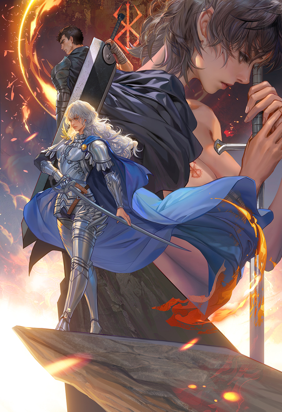 1girl 2boys androgynous armor bandaged_arm bandages berserk black_cape black_hair blue_cape brand_of_sacrifice breasts brown_eyes brown_hair cape casca_(berserk) cleavage cliff commentary dragonslayer_(sword) embers english_commentary fan_yang_(jiuge) greatsword griffith_(berserk) guts_(berserk) highres holding holding_sword holding_weapon huge_weapon long_hair medium_breasts multiple_boys profile rapier scar scar_on_face short_hair shoulder_armor smile sword wavy_hair weapon white_hair