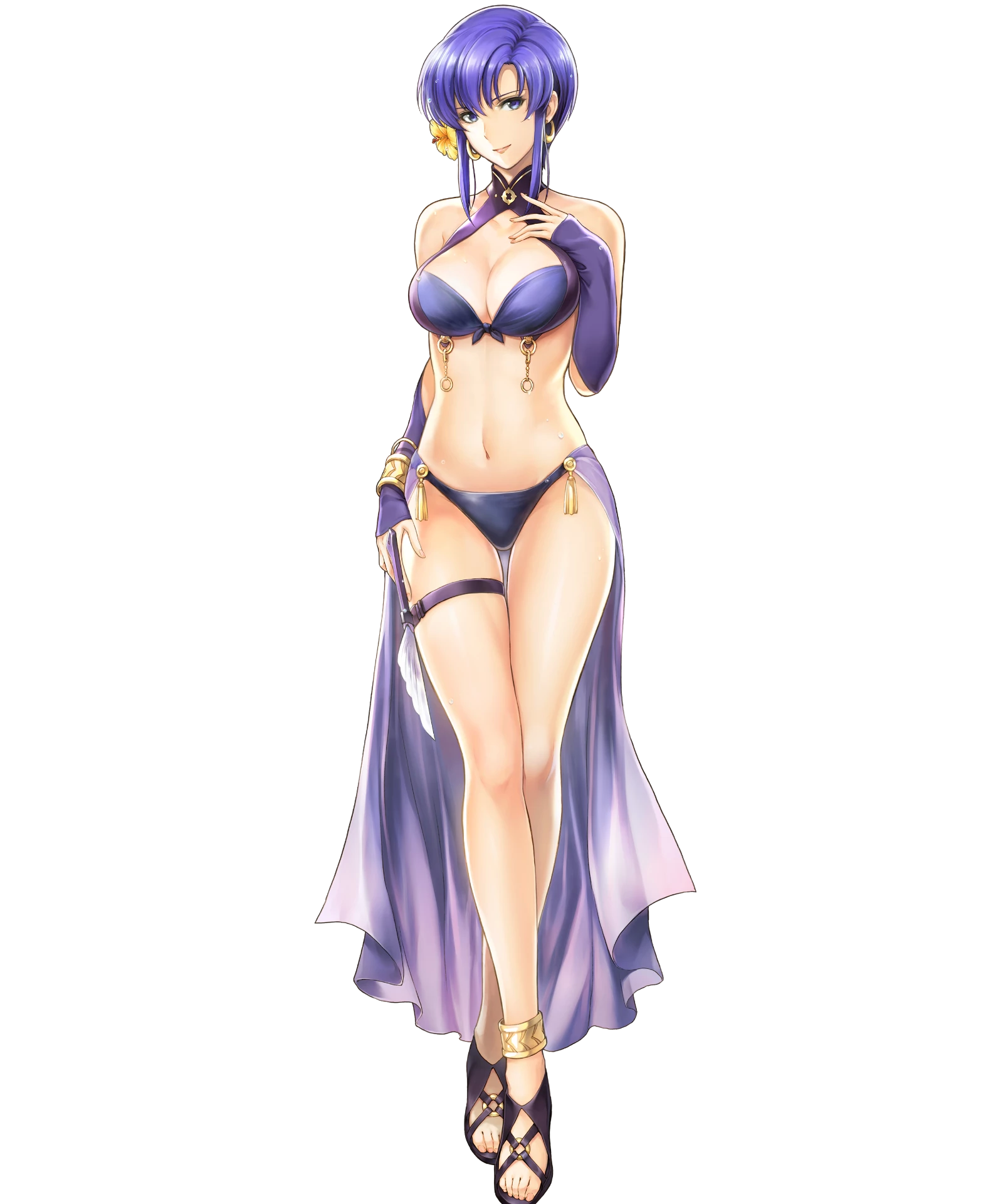 1girl anklet bare_shoulders bikini blue_eyes blue_hair bracelet breasts bridal_gauntlets cleavage closed_mouth earrings feet female_focus fire_emblem fire_emblem:_the_blazing_blade fire_emblem_heroes flower full_body hair_flower hair_ornament hand_on_own_chest hand_up hibiscus high_heel_sandals highres jewelry lips looking_at_viewer matching_hair/eyes medium_breasts navel nintendo official_art sandals short_hair sidelocks smile solo standing swimsuit thigh_strap toes transparent_background ursula_(fire_emblem) ursula_(summer)_(fire_emblem) yamada_koutarou