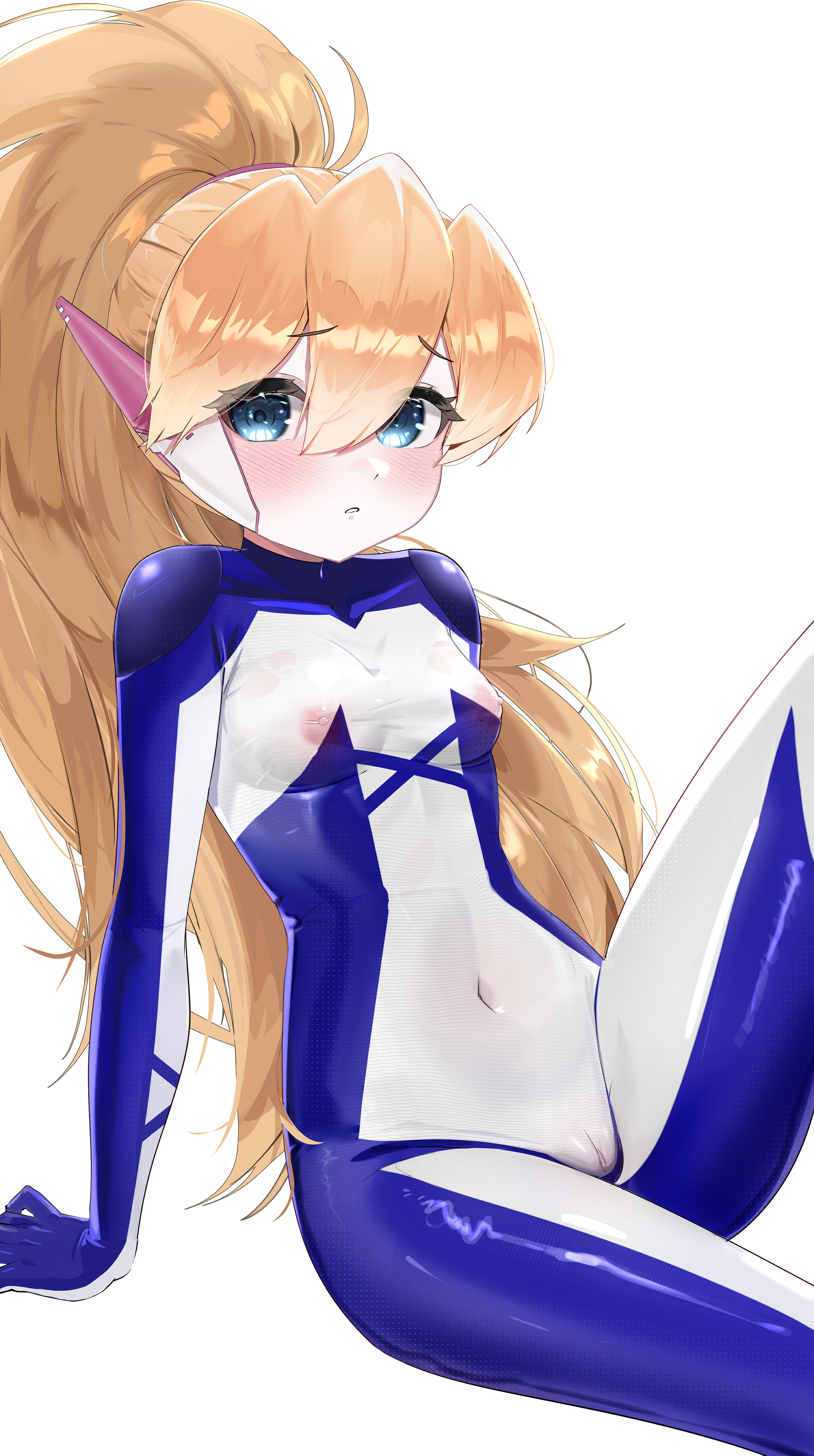 1girl :o absurdres biometal blonde_hair blue_eyes bodystocking breasts cameltoe ciel_(mega_man) commission commissioner_upload covered_erect_nipples covered_navel eyelashes fauron714 highres leaning_back light_blush long_bangs long_hair looking_at_viewer mechanical_ears mega_man_(series) mega_man_zero_(series) mega_man_zx model_z_(mega_man) no_armor no_headwear non-web_source petite ponytail sitting small_breasts thighs transparent_background