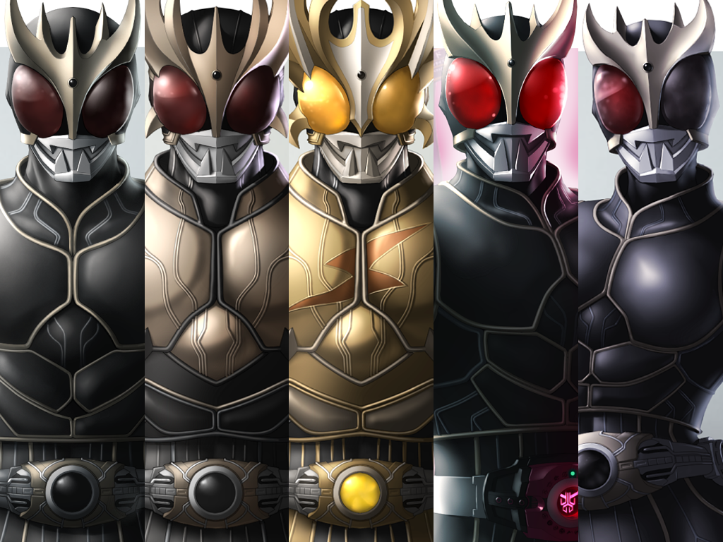 1girl 4boys arcle_(kuuga) armor belt black_armor black_eyes bodysuit breastplate compound_eyes decadriver glowing gold_armor gold_horns helmet horns kamen_rider kamen_rider_dcd kamen_rider_decade kamen_rider_kuuga kamen_rider_kuuga_(rising_ultimate_form) kamen_rider_kuuga_(series) kamen_rider_kuuga_(super_rising_ultimate_form) kamen_rider_kuuga_(ultimate_form) looking_at_viewer mask multiple_boys pauldrons red_eyes rider_belt shoulder_armor spikes taikyoku_tsurugi tokusatsu yellow_eyes