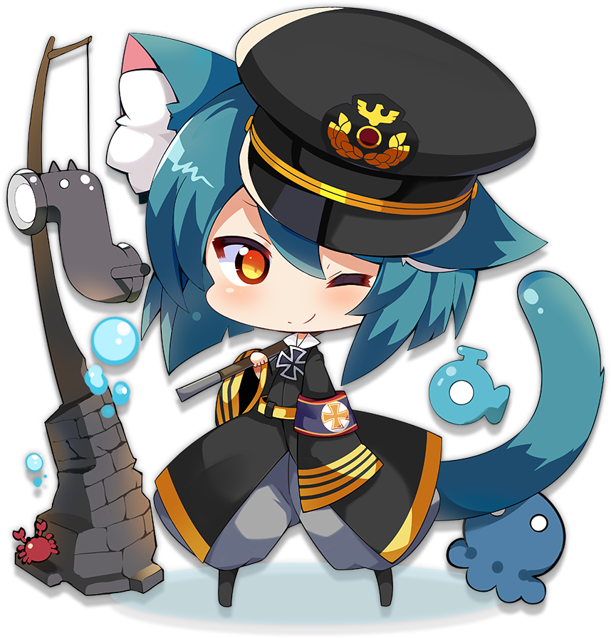 1girl animal_ears azur_lane black_headwear blush brown_eyes cat_ears cat_tail chibi closed_mouth crab female_focus full_body green_hair long_sleeves looking_at_viewer meowfficer_(azur_lane) muuran official_art one_eye_closed short_hair smile solo steel_(azur_lane) tail transparent_background