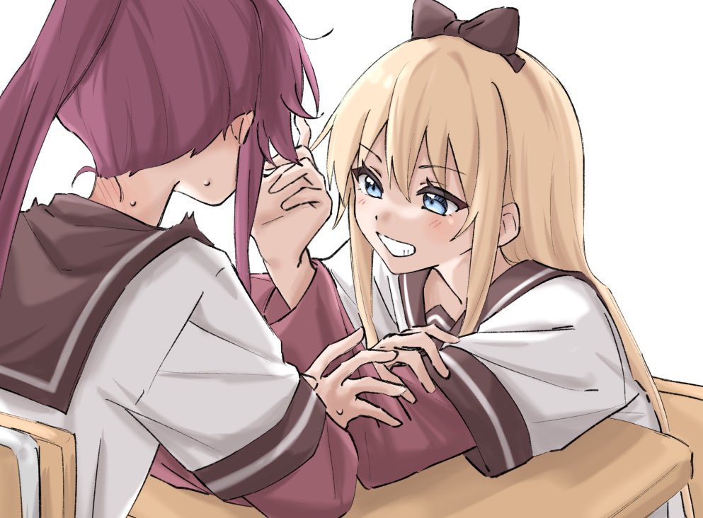 2girls black_bow blonde_hair blue_eyes bow commentary_request grin hair_bow layered_sleeves long_hair long_sleeves looking_at_another multiple_girls nanamori_school_uniform neck_blush ponytail purple_hair school_uniform shirt short_over_long_sleeves short_sleeves simple_background smile sugiura_ayano sweatdrop syonosuke9573 toshinou_kyouko white_background white_shirt yuri yuruyuri