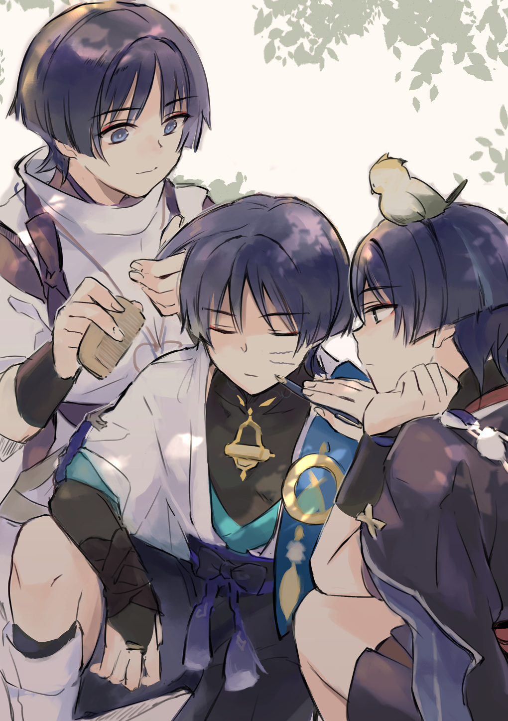 3boys animal animal_on_head aqua_gemstone aqua_kimono aqua_sleeves arm_on_thigh armor belt bird bird_on_head black_belt black_bodysuit black_bow black_eyes black_hair black_kimono black_sash black_shorts black_socks blunt_ends bodysuit bow bridal_gauntlets bright_pupils brushing_another&#039;s_hair brushing_hair closed_eyes closed_mouth clothing_cutout comb covered_collarbone drawing_on_another&#039;s_face elbow_on_thigh eyeliner eyeshadow facial_mark feathers finch fingernails gem genshin_impact han&#039;eri hand_on_own_face head_rest highres hip_vent holding holding_comb holding_pen japanese_armor japanese_clothes kariginu kimono kote kurokote layered_clothes layered_kimono layered_sleeves leg_warmers looking_at_another makeup middle_ring multicolored_hair multiple_boys multiple_persona oga914 on_head open_clothes open_kimono pen pom_pom_(clothes) purple_rope purple_sash red_eyeliner red_eyeshadow red_kimono rope sash scaramouche_(genshin_impact) scaramouche_(kabukimono)_(genshin_impact) short_sleeves shorts shoulder_cutout shoulder_peek sitting sketch smile socks streaked_hair tassel tasuki turtleneck turtleneck_bodysuit vision_(genshin_impact) wanderer_(genshin_impact) whisker_markings white_kimono white_leg_warmers white_pupils white_sleeves white_trim yellow_feathers