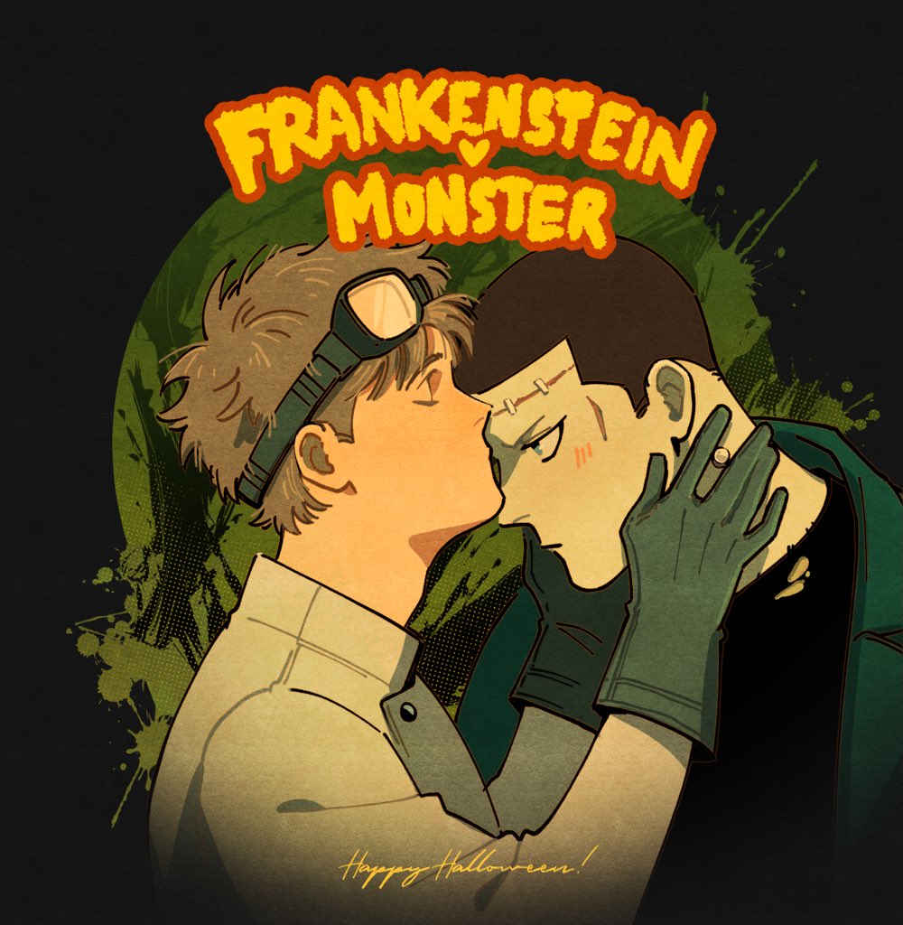 2boys adam_parrish bishounen black_hair blonde_hair blue_eyes blush buzz_cut catbishonen closed_eyes cosplay couple doctor english_text eyewear_on_head frankenstein frankenstein&#039;s_monster frankenstein&#039;s_monster_(cosplay) freckles from_side halloween hands_on_another&#039;s_neck happy_halloween kiss kissing_forehead male_focus monster_boy multiple_boys ronan_lynch short_hair the_raven_cycle upper_body very_short_hair victor_frankenstein victor_frankenstein_(cosplay) yaoi