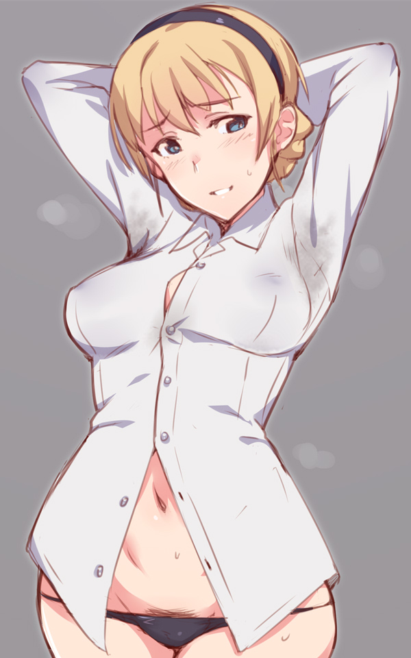 1girl arms_behind_head black_panties blonde_hair blue_eyes braid breasts em_(totsuzen_no_hakike) female_focus female_pubic_hair grey_background grin hairband looking_at_viewer navel noble_witches panties pubic_hair pubic_hair_peek rosalie_de_hemricourt_de_grunne simple_background smile solo stain strike_witches sweat underwear world_witches_series