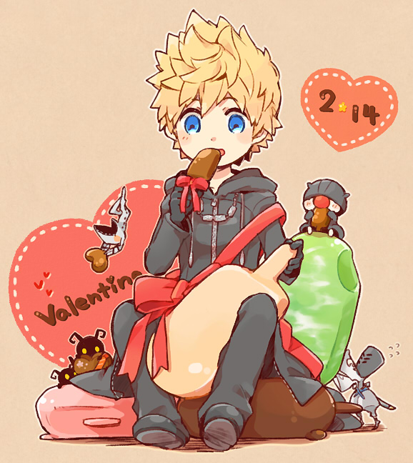 1boy between_legs black_coat black_coat_(kingdom_hearts) black_gloves black_pants black_shoes blonde_hair blue_eyes blush_stickers bow brown_background chocolate coat commentary_request dated dusk_(kingdom_hearts) eating food full-length_zipper full_body gloves hand_up heart heartless_(kingdom_hearts) holding holding_food holding_popsicle hood hood_down hooded_coat ice_cream kingdom_hearts long_sleeves male_focus moogle nobody_(kingdom_hearts) open_mouth outline pants popsicle red_bow red_ribbon ribbon roxas samurai_(kingdom_hearts) shadow_(kingdom_hearts) shoes short_hair sitting spiked_hair spread_legs valentine white_outline yubon zipper