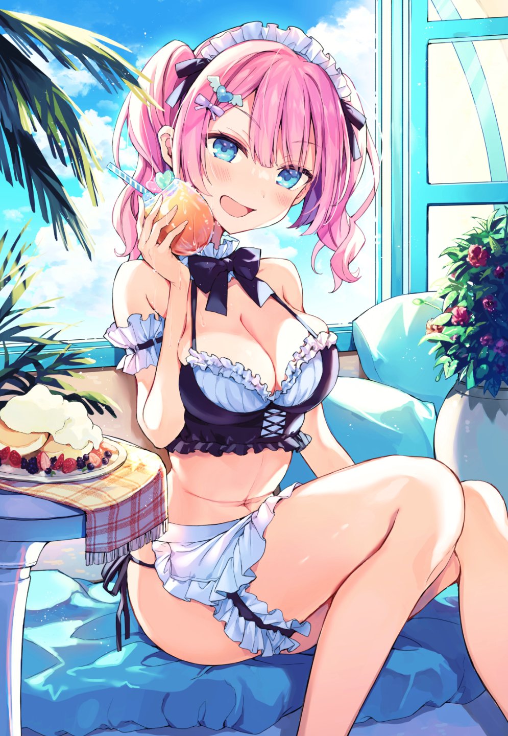 1girl :d alternate_costume apron aqua_eyes arm_scrunchie bcoca blue_sky bow bowtie breasts cleavage cloud couch detached_collar drink elf_wa_yoru_wo_omachikane enmaided feet_out_of_frame frilled_apron frills hair_ornament highres holding holding_drink large_breasts maid maid_headdress midriff navel official_art on_couch open_mouth palm_tree pink_hair plate sitting sky smile smirk solo strapless table thigh_scrunchie tree tube_top twintails window yamasashi_akira