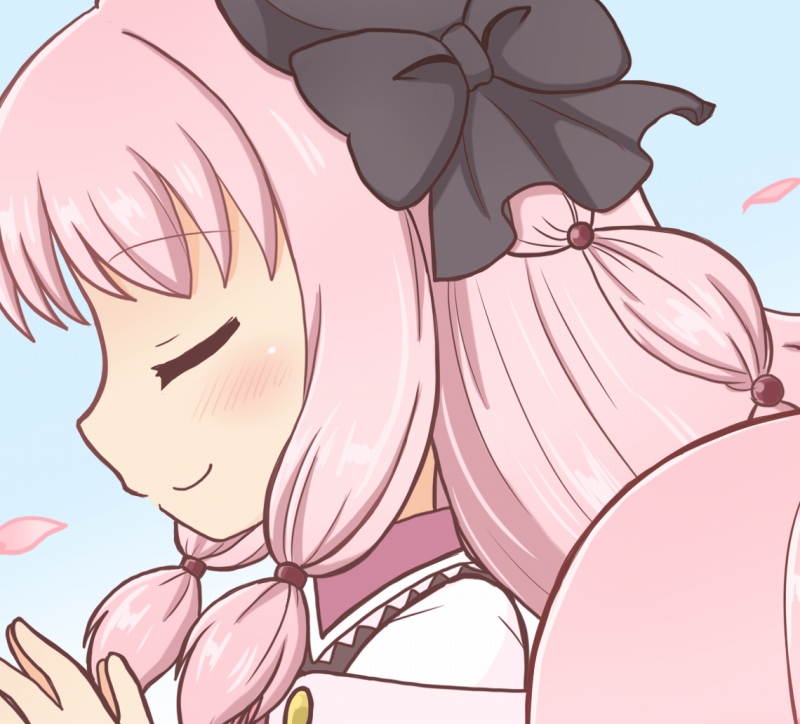 1girl bad_id bad_twitter_id black_bow black_hat blue_background bow closed_eyes closed_mouth commentary_request hands_up hat hat_bow long_hair magia_record:_mahou_shoujo_madoka_magica_gaiden magical_girl mahou_shoujo_madoka_magica multi-tied_hair petals pink_hair portrait profile reverse_(bluefencer) sidelocks smile solo tamaki_ui upper_body