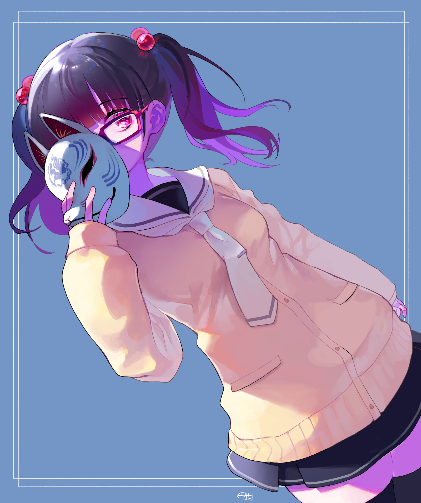 1girl a.i._voice arm_at_side black_hair black_skirt black_thighhighs blue_background blunt_bangs breasts cardigan covering_own_mouth cowboy_shot dutch_angle fox_mask glasses gradient_hair hair_bobbles hair_ornament hand_up highres holding holding_mask legs_together looking_at_viewer marutsubo mask mask_over_one_eye medium_breasts miniskirt multicolored_hair necktie one_eye_covered onikko_hunter_tsuina-chan outside_border purple_hair red_eyes sailor_collar sidelighting signature simple_background skirt solo takatoo_saki thighhighs twintails white_necktie white_sailor_collar yellow_cardigan zettai_ryouiki