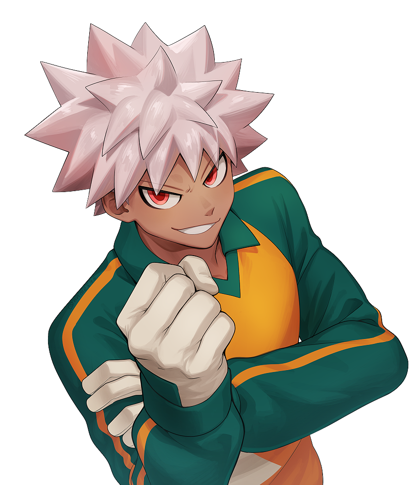 1boy collar dantouya_kanata gloves green_shirt grin inazuma_eleven_(series) inazuma_eleven_victory_road kokuro_(kosyari) long_sleeves male_focus raimon raimon_soccer_uniform red_eyes shirt simple_background smile soccer_uniform solo spiked_hair sportswear teeth twitter_username upper_body white_background white_collar white_gloves