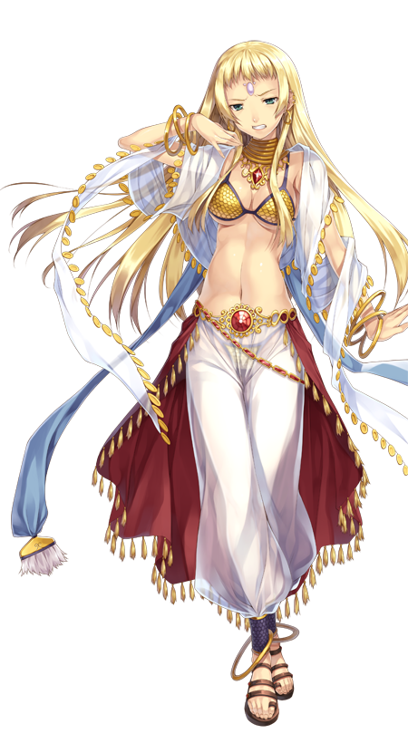 1girl artist_request bangle bikini black_sandals blonde_hair bracelet breasts cleavage clenched_teeth coin_(ornament) dancer dancer_(ragnarok_online) forehead_jewel full_body gem gold green_eyes half-closed_eyes hand_up harem_pants jewelry large_variant_set long_hair looking_at_viewer medium_breasts navel neck_ring official_art pants pink_gemstone ragnarok:_guild_masters ragnarok_online red_gemstone red_skirt sandals see-through_clothes see-through_pants sequins shawl short_bangs showgirl_skirt simple_background skirt solo standing swimsuit teeth transparent_background v-shaped_eyebrows variant_set white_pants yellow_bikini