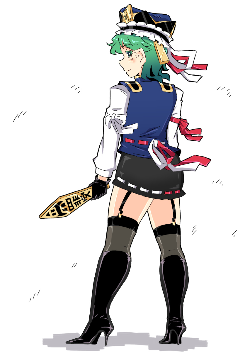 1girl black_boots black_gloves black_skirt black_thighhighs blue_hat blue_vest boots bow closed_mouth epaulettes frilled_hat frills from_behind full_body garter_straps gloves green_eyes green_hair hat high_heel_boots high_heels highres long_sleeves looking_at_viewer looking_back miniskirt red_bow ribbon-trimmed_skirt ribbon-trimmed_vest ribbon_trim rod_of_remorse sakamoto_fred shiki_eiki shirt short_hair simple_background skirt sleeve_bow smile solo thighhighs touhou vest white_background white_bow white_shirt