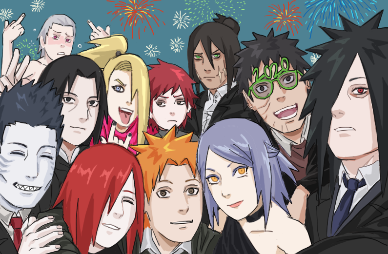 1girl 2020 6+boys akatsukiarts black_hair blonde_hair blue_hair blush deidara_(naruto) fireworks formal_clothes glasses grey_hair hidan_(naruto) hoshigaki_kisame kakuzu_(naruto) konan_(naruto) long_hair multiple_boys nagato_(naruto) naruto_(series) naruto_shippuuden new_year orange_hair purple_hair red_hair sasori_(naruto) scar scar_on_face short_hair suit uchiha_itachi uchiha_madara uchiha_obito yahiko_(naruto)