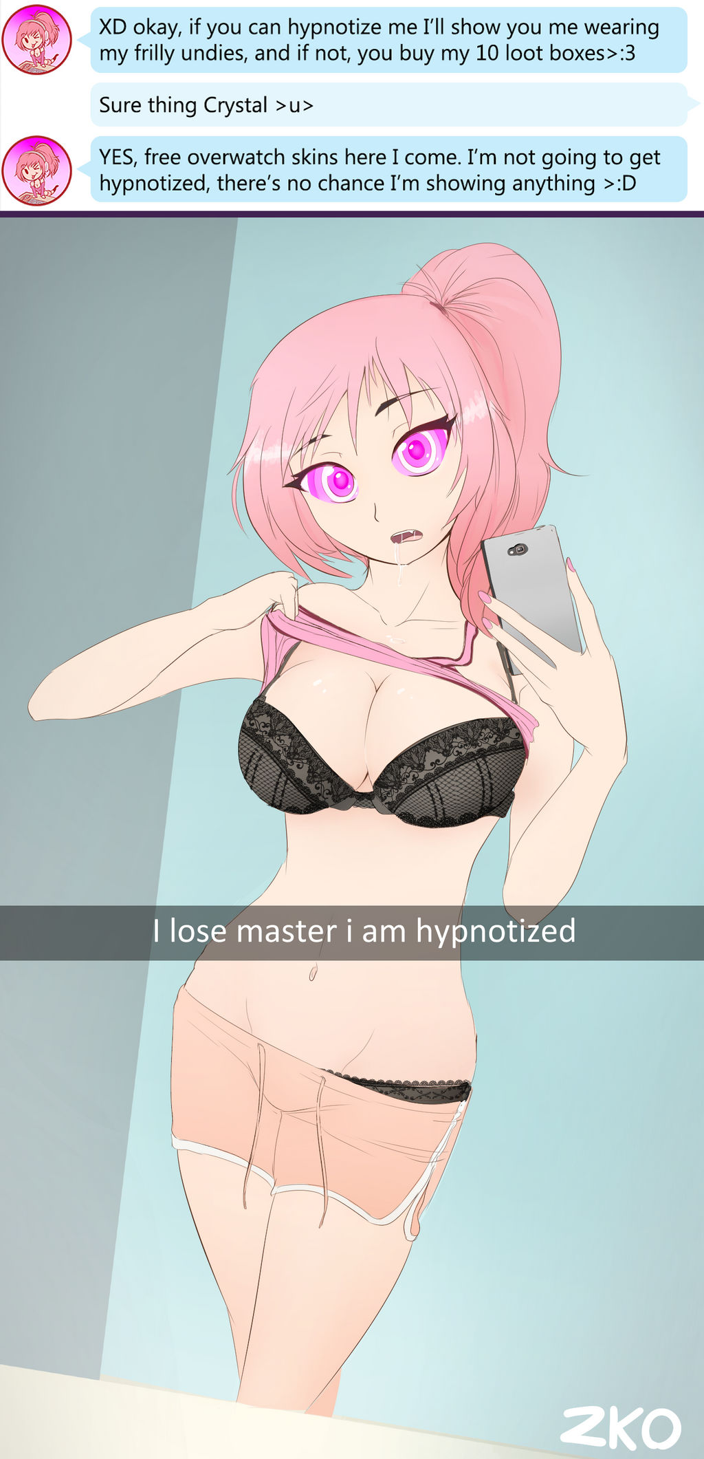 1girl black_bra black_panties bra crystal_(lewd-zko) english_text highres hypnosis lewd-zko mind_control mirror_selfie panties pink_hair pink_shirt pink_shorts selfie shirt shorts text_messaging underwear