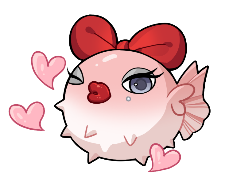 animal_focus artist_request blue_eyes bow eyeshadow fish grey_eyeshadow heart infinity_nikki lipstick looking_at_viewer makeup mascara monroefin nikki_(series) no_humans official_art one_eye_closed parted_lips puffer_fish red_bow red_lips solo spikes transparent_background
