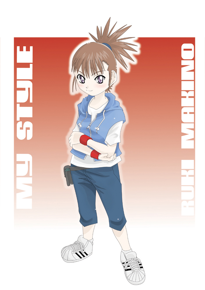 00s 1girl blush brown_hair crossed_arms digimon digimon_tamers female_focus full_body gradient_background hood hoodie makino_ruki ponytail purple_eyes riza23 shoes smile sneakers solo wristband zipper