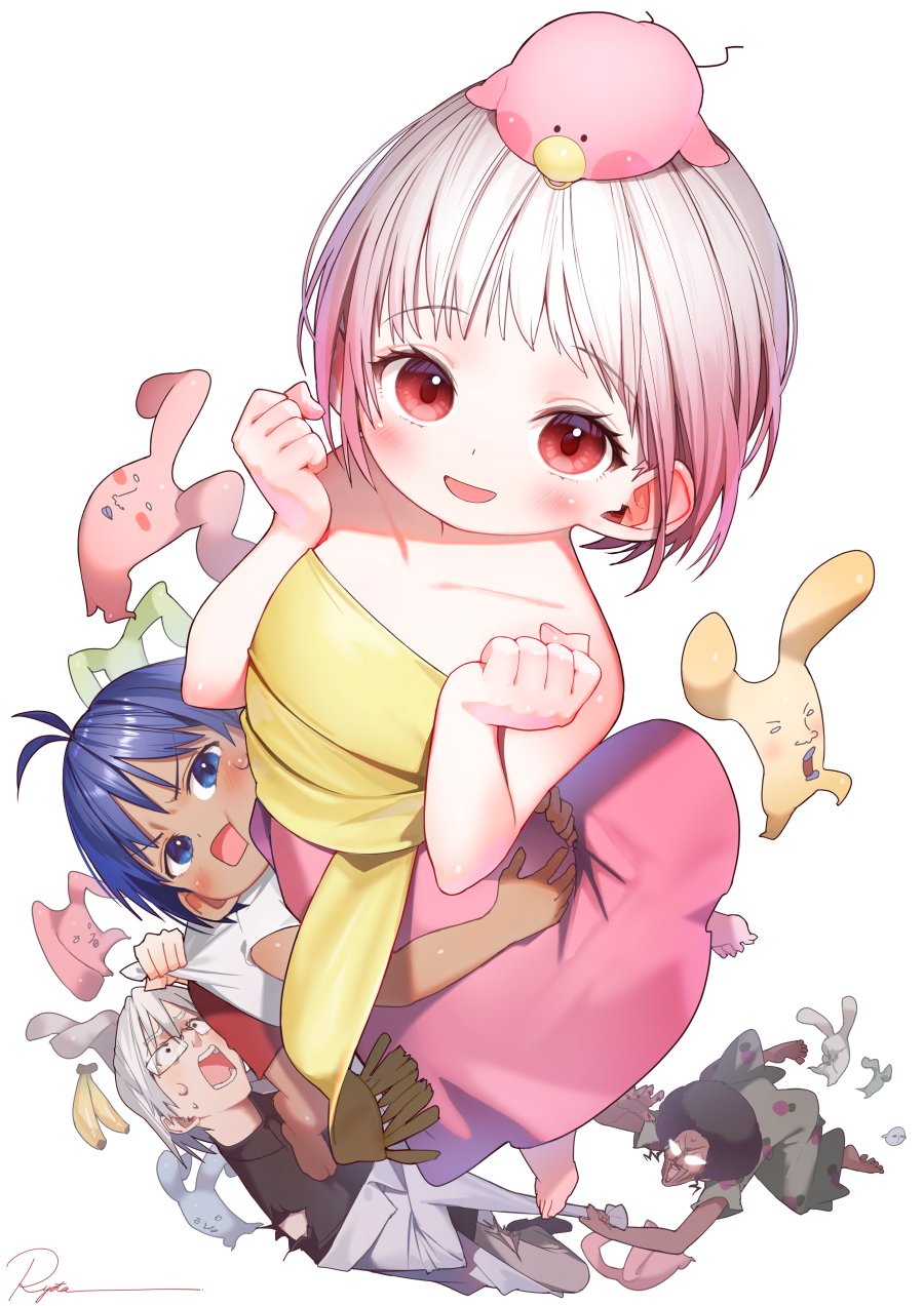 1girl 3boys afro antenna_hair bare_shoulders barefoot black_hair blue_eyes blue_hair character_request clothes_grab collarbone creature_on_head dark-skinned_male dark_skin dress flat_chest full_body glasses gradient_hair grey_hair guu_(jungle_wa_itsumo) hare_(jungle_wa_itsumo) highres hug jungle_wa_itsumo_hare_nochi_guu looking_at_viewer multicolored_hair multiple_boys open_mouth pink_dress pink_hair pokute red_eyes red_shorts ryota_(ry_o_ta) shirt short_hair shorts smile standing strapless strapless_dress two-tone_hair white_background white_hair white_shirt