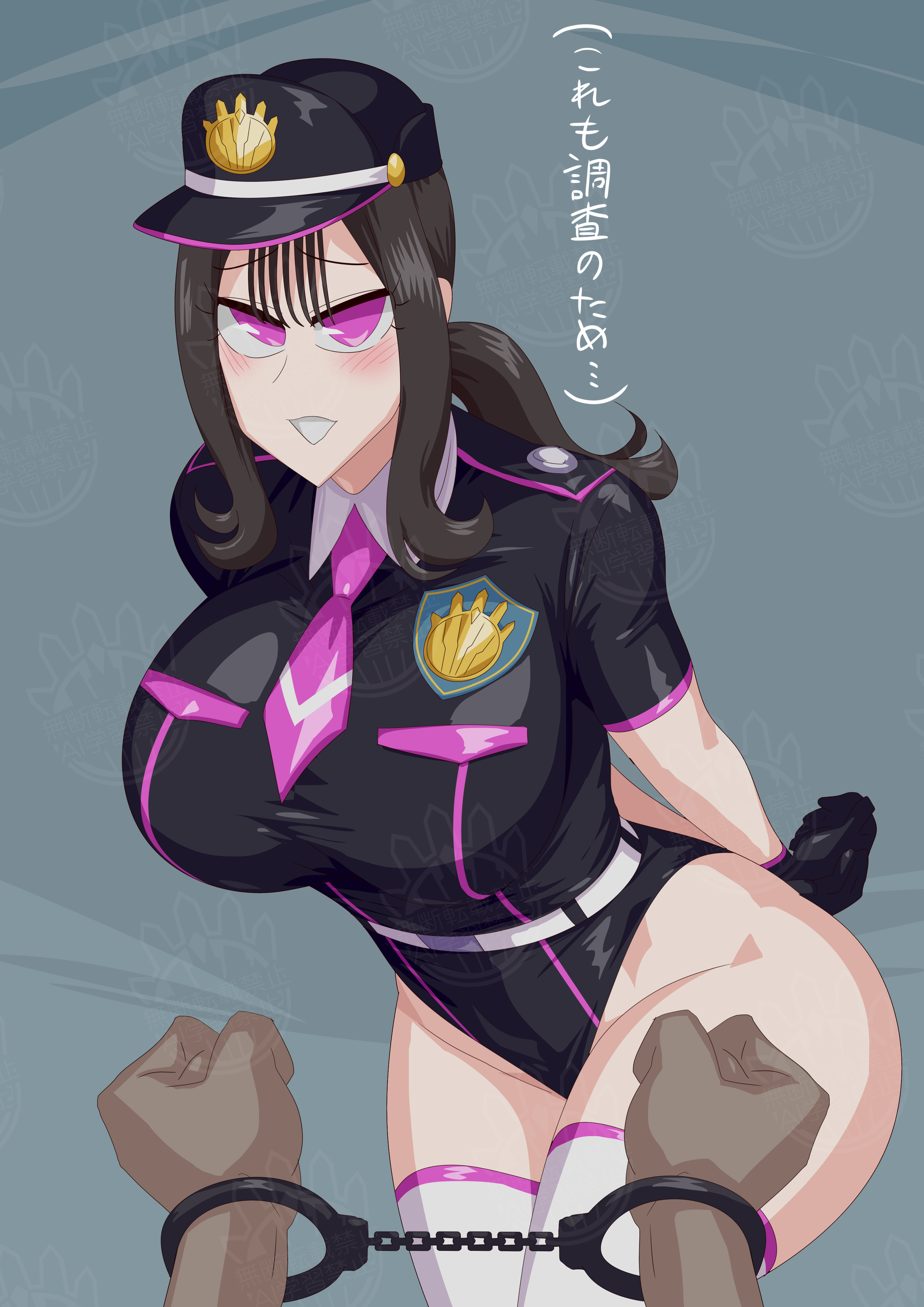 1girl absurdres breasts brown_hair hat highres ichikawa_sumino large_breasts no.1_sentai_gozyuger otokamu police_hat police_outfit purple_eyes solo super_sentai