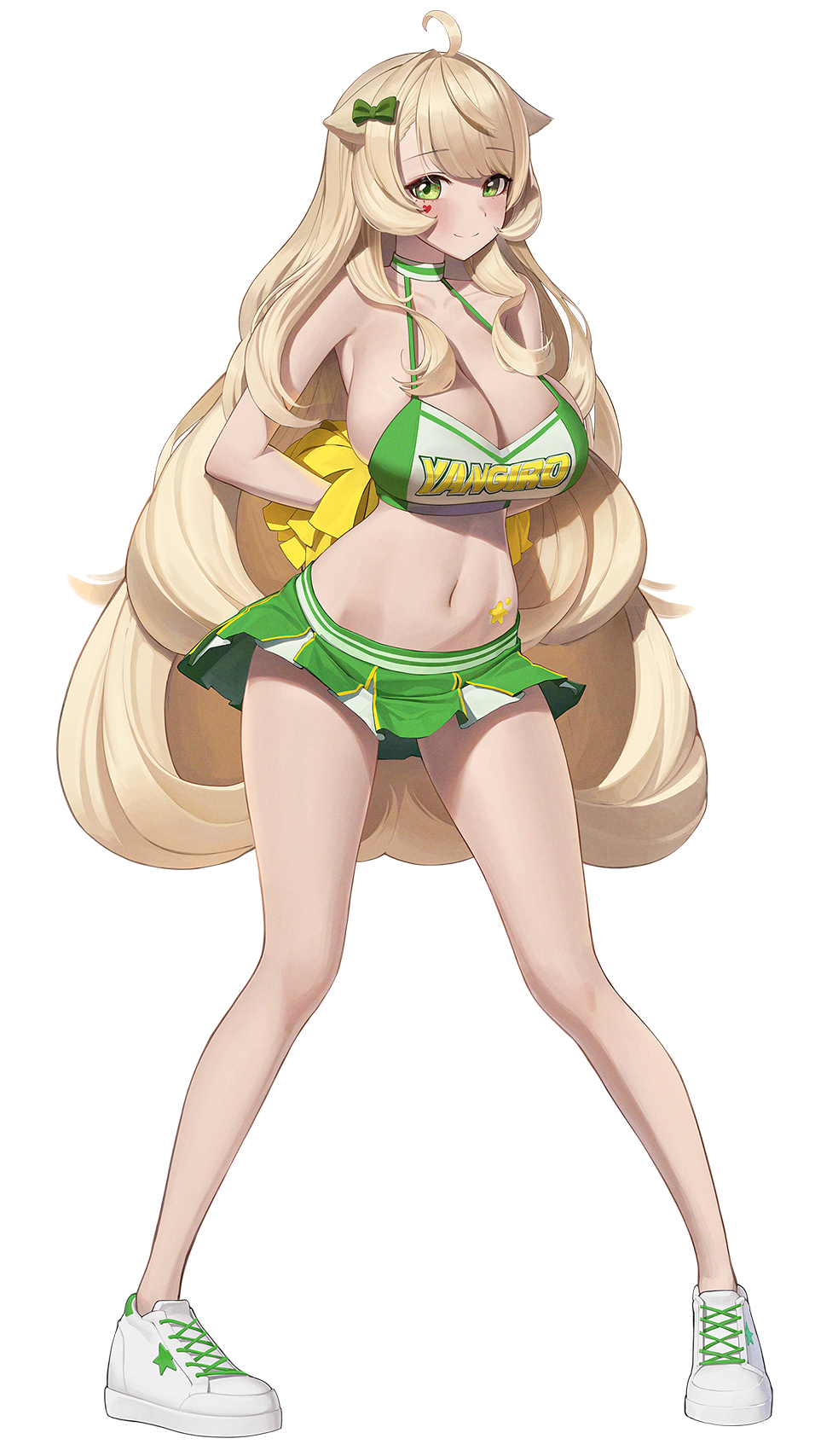 1girl ahoge arms_behind_back bare_shoulders blonde_hair blush bow breasts cheerleader cleavage closed_mouth commentary full_body green_eyes hair_bow hantata heart_sticker highres large_breasts long_hair looking_at_viewer navel pleated_skirt pom_pom_(cheerleading) remind shoes simple_background skirt smile sneakers solo sports_bra standing star_sticker sticker_on_face sticker_on_stomach stomach very_long_hair virtual_youtuber white_background white_shoes