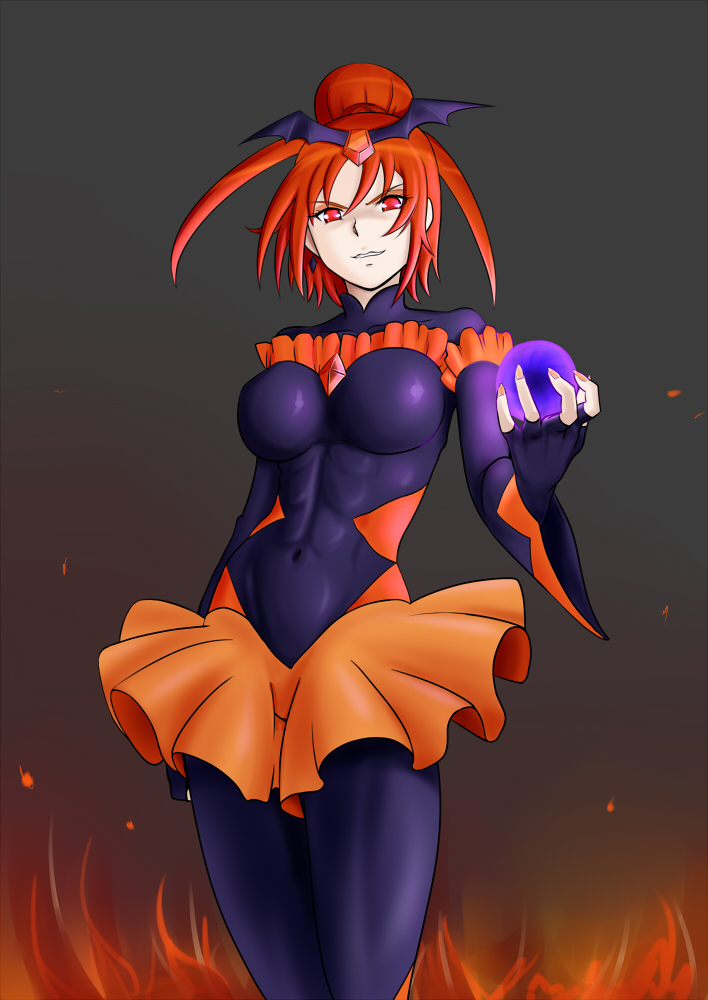 bad_end_precure bad_end_sunny bakusai bodysuit dark_persona diamond_(shape) fingerless_gloves gloves hair_bun hair_ornament jewelry looking_at_viewer navel orange_eyes precure smile smile_precure! teeth wings