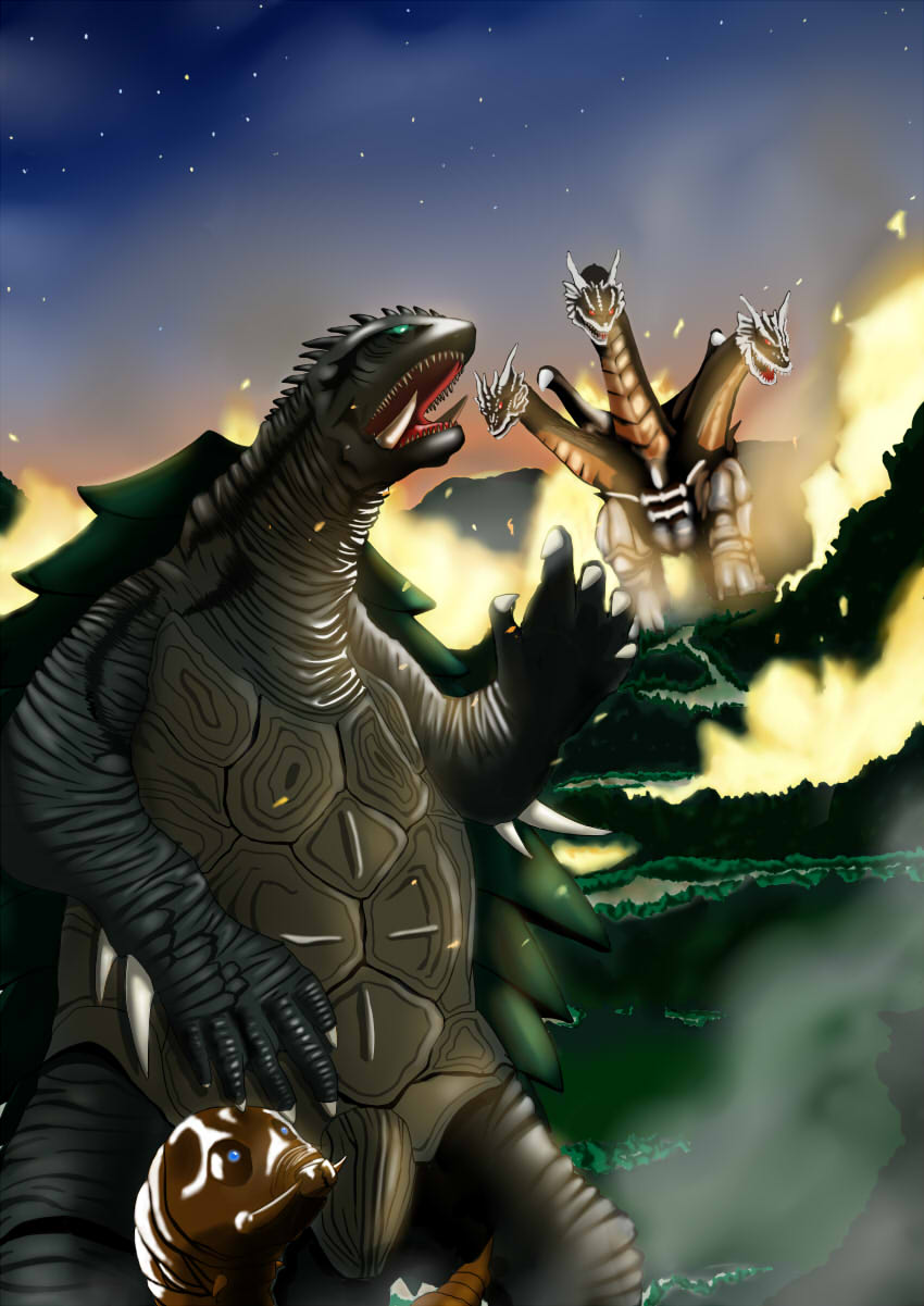 arm_blade blue_eyes caterpillar conjoined crossover daiei_film desghidorah dragon elbow_blade fire foam_sand_phosphorus forest forest_fire gamera gamera_(series) gamera_3:_revenge_of_iris green_eyes highres hydra kaiju mothra mothra_(series) mothra_leo multiple_heads nature night rebirth_of_mothra red_eyes river stinger toho turtle tusks weapon