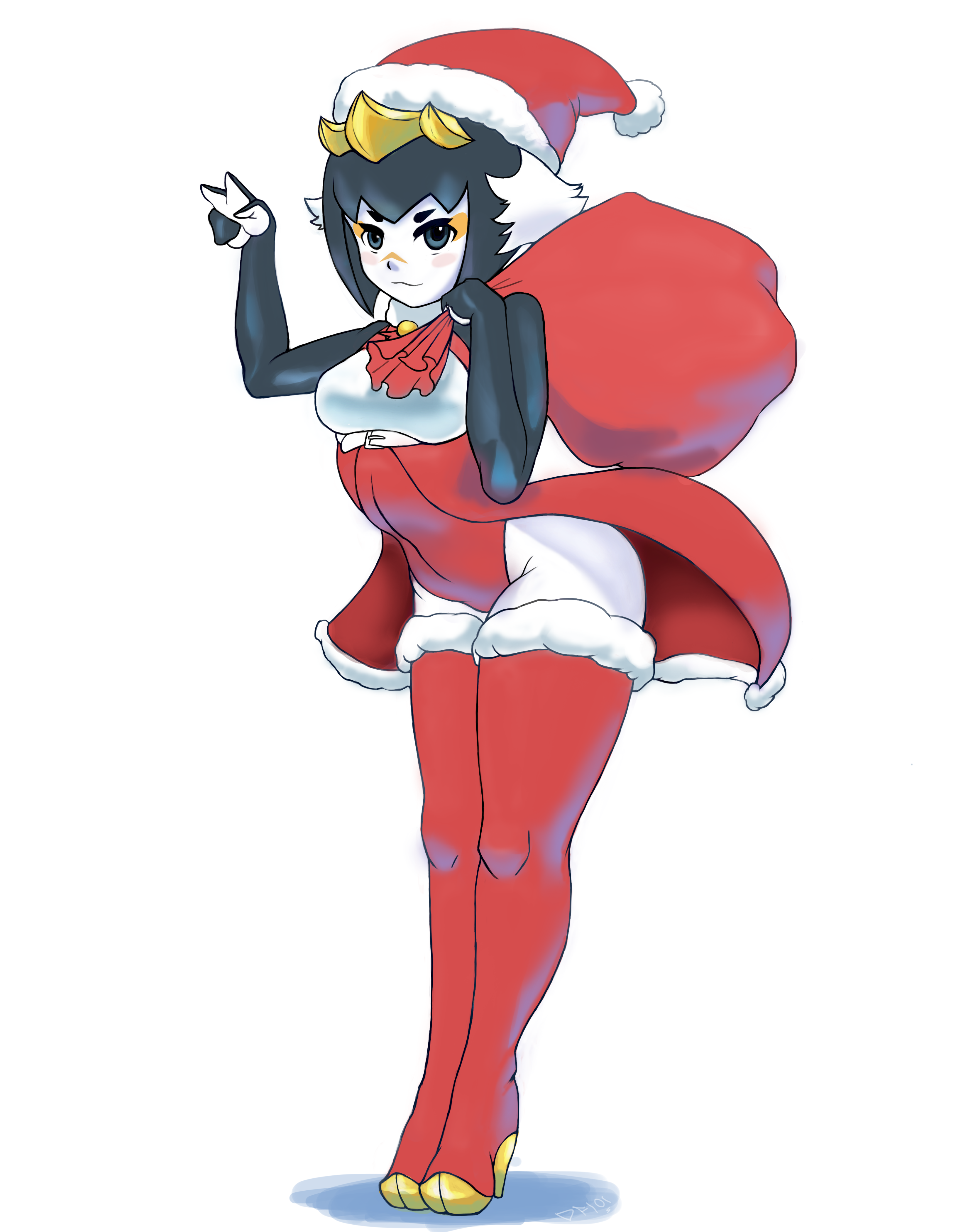 1girl absurdres black_hair breasts christmas closed_mouth colored_skin full_body fur-trimmed_headwear fur_trim hat highres holding holding_sack looking_at_viewer medium_breasts quacho_queen sack santa_hat short_hair simple_background solo thighhighs white_background white_skin world_of_final_fantasy