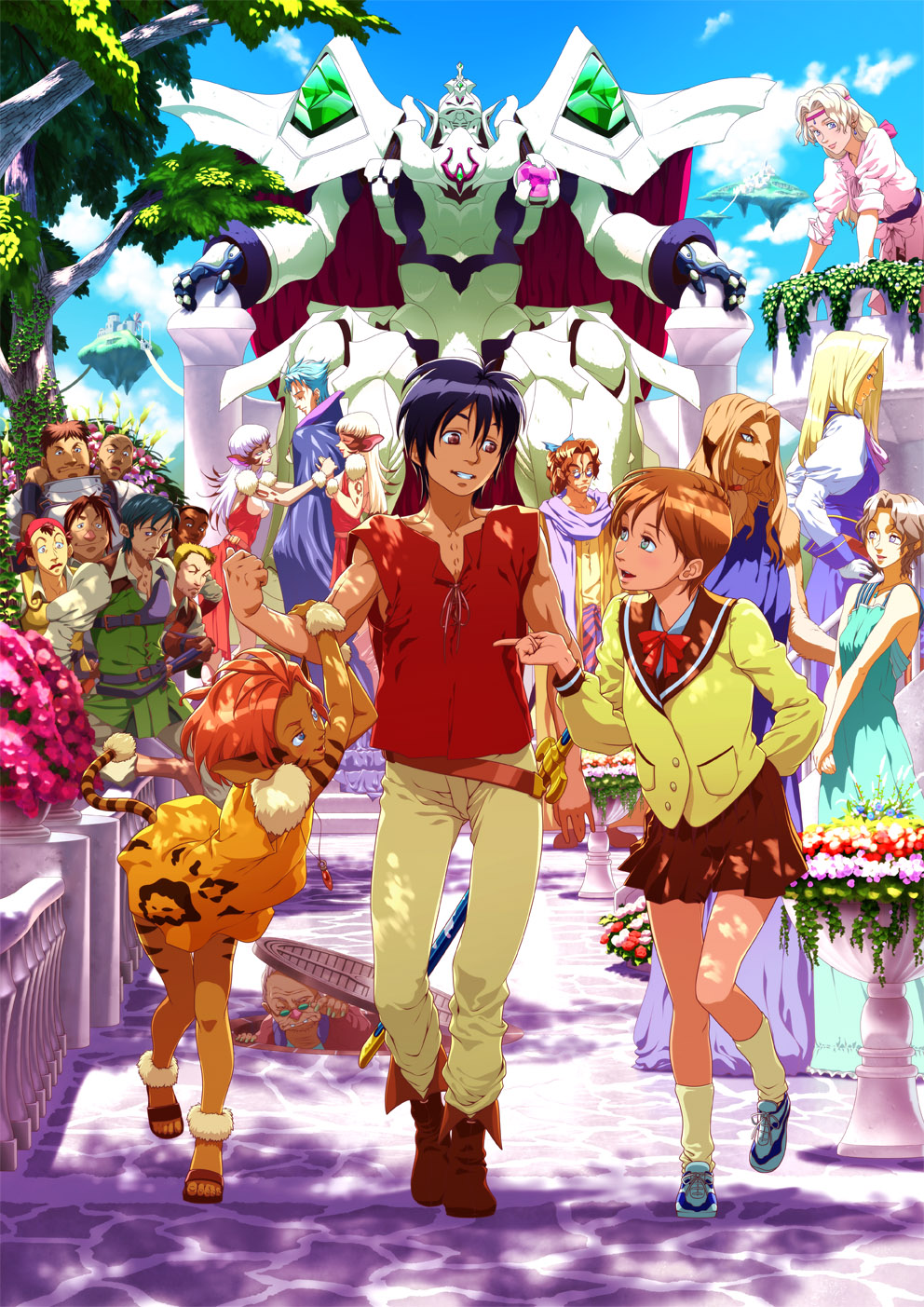 allen_schezar black_hair blouse blue_shirt bow breasts brown_hair cat_girl closed_mouth commentary_request dark-skinned_female dark_skin dog_boy eriya escaflowne folken_fanel gloves green_eyes hands_on_own_hips highres kanzaki_hitomi long_hair mecha merle_(tenkuu_no_escaflowne) mko_(artist) multiple_boys multiple_girls naria parted_bangs red_shirt robot school_uniform serafuku shirt short_hair skirt sleeveless sleeveless_shirt socks spiked_hair sword tenkuu_no_escaflowne van_fanel wavy_hair weapon
