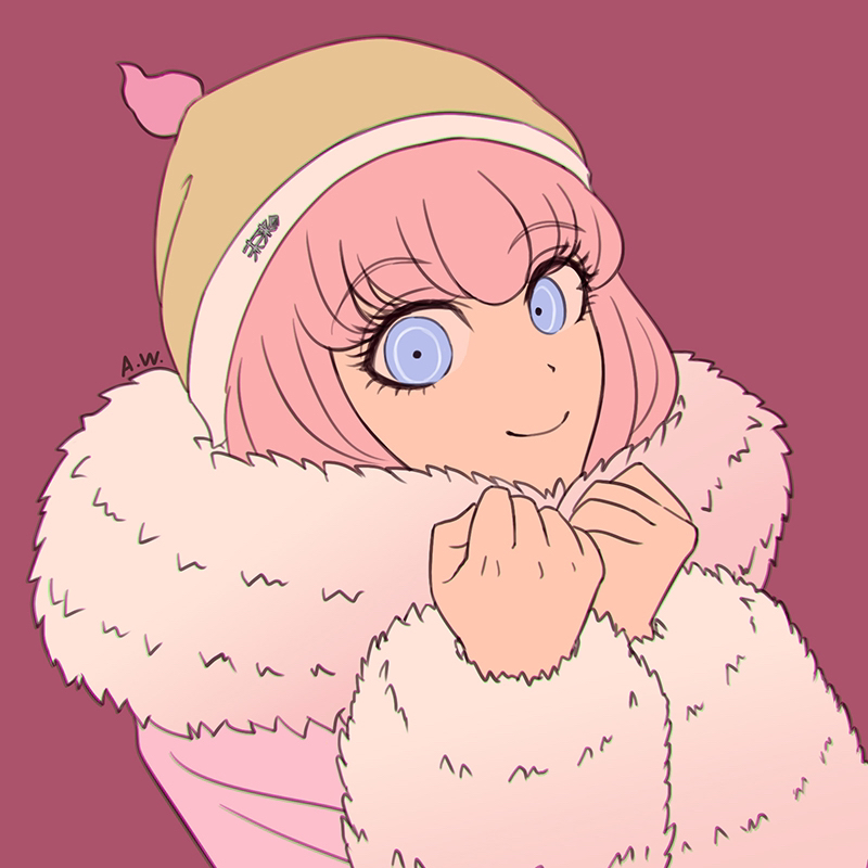 1girl ando_ruruka blue_eyes coat danganronpa_(series) danganronpa_3_(anime) fur-trimmed_jacket fur_trim hands_up hat jacket long_sleeves pink_background pink_hair short_hair simple_background smile suika_no9