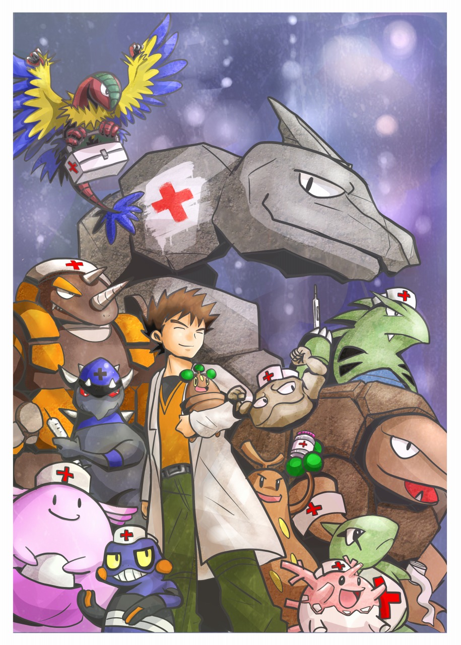 1boy archeops brock_(pokemon) brown_hair chansey corsola croagunk dark_skin doctor gen_1_pokemon gen_2_pokemon gen_4_pokemon gen_5_pokemon geodude gintarou_(puipuiginta) golem_(pokemon) highres larvitar male_focus nintendo onix pokemon pokemon_(anime) pokemon_(creature) rampardos rhyperior solo sudowoodo tyranitar