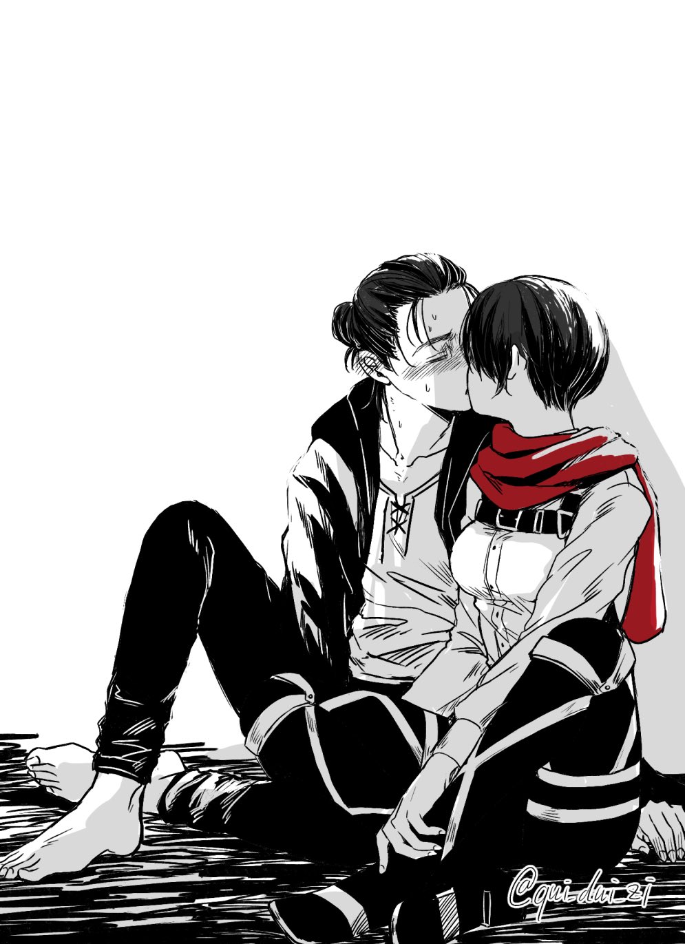1boy 1girl barefoot black_hair black_jacket black_pants blush breasts couple eren_yeager full_body hair_bun harness hetero highres jacket kiss medium_breasts mikasa_ackerman pants qui_dui_zi red_scarf scarf shingeki_no_kyojin shirt short_hair sitting spot_color sweatdrop twitter_username white_background white_shirt