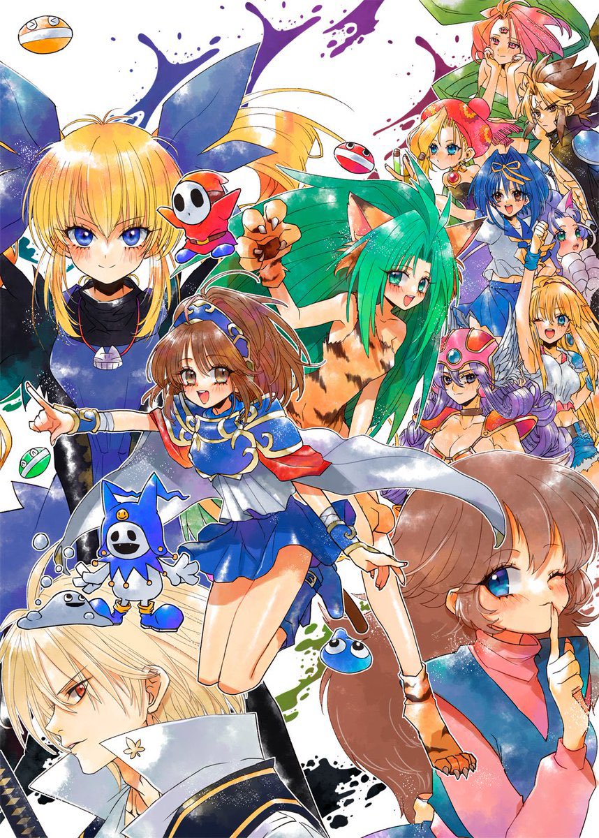 2boys 4tr33 arle_nadja armor asuka_120% blonde_hair blue_eyes brown_eyes brown_hair cham_cham character_request cover darkstalkers dragon_quest felicia_(darkstalkers) green_eyes green_hair gunbird hair_ornament highres honda_asuka jack_frost_(megami_tensei) kanda_momo liquid_metal_slime_(dq) magazine_cover magical_drop mario_(series) marion multiple_boys multiple_girls nintendo one_eye_closed puyopuyo puyopuyo_n samurai_spirits shy_guy super_mario_bros._2 traditional_media warrior_(dq3) wonder_momo world_(magical_drop)