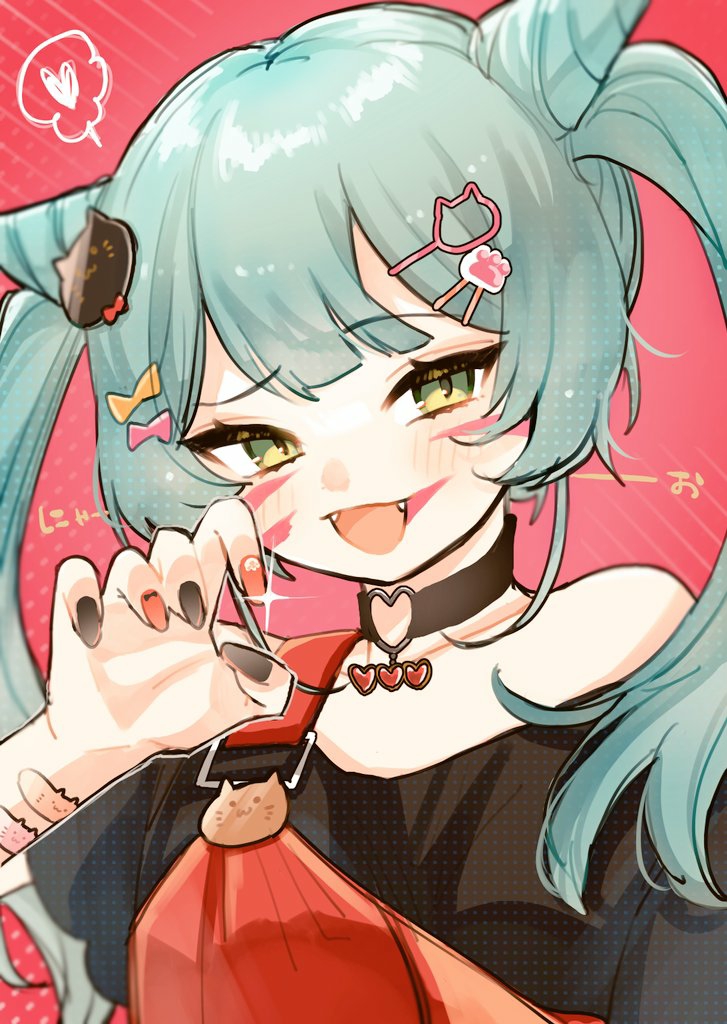 1girl animal_(vocaloid) aqua_hair bandaid_on_wrist bare_shoulders black_choker black_nails black_shirt bow cat_hair_ornament choker claw_pose collarbone cone_hair_bun dress facepaint facial_mark fangs fingernails green_eyes hair_bun hair_ornament hairpin hatsune_miku heart heart_choker long_hair multiple_hairpins off-shoulder_shirt off_shoulder open_mouth ozu_(user_sjjz4357) paw_hair_ornament red_background red_bow red_dress red_nails shirt solo twintails vocaloid whisker_markings yellow_bow