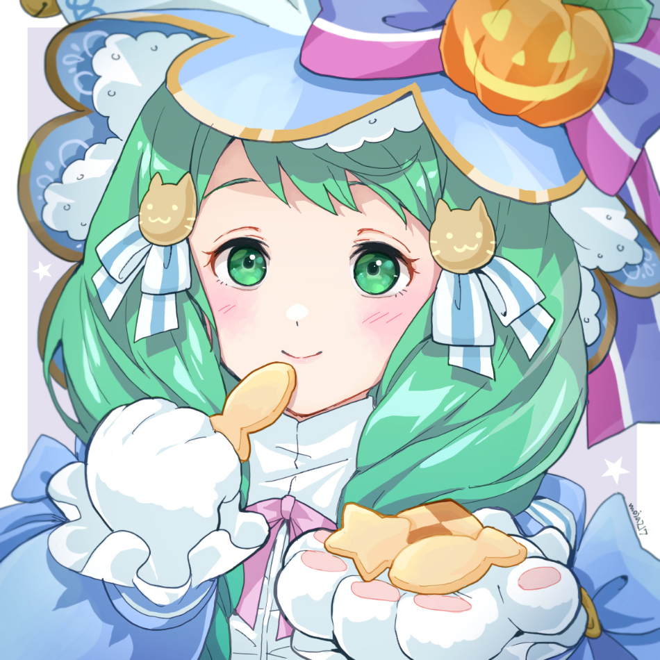 1girl animal_hands blue_dress blue_hat blush closed_mouth commentary_request cookie dress fire_emblem fire_emblem:_three_houses fire_emblem_heroes flayn_(fire_emblem) flayn_(halloween)_(fire_emblem) food gloves green_eyes grey_hair hair_ornament halloween_costume hat holding holding_food long_hair long_sleeves looking_at_viewer mixed-language_commentary mojakkoro neck_ribbon nintendo official_alternate_costume paw_gloves pink_ribbon ribbon smile solo star-shaped_cookie star-shaped_food star_(symbol) white_gloves