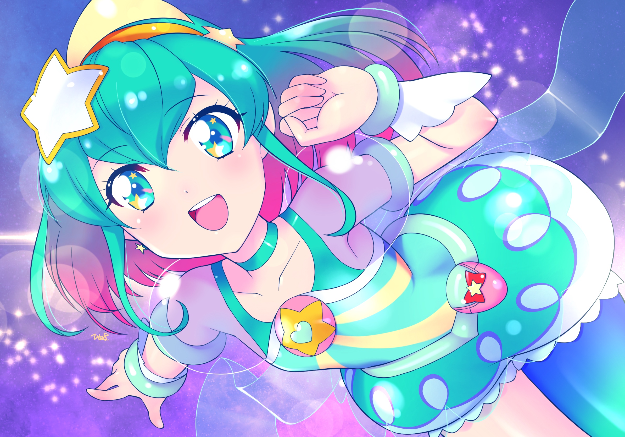 1girl :d aqua_choker aqua_eyes aqua_hair armlet bracelet choker collarbone cure_milky earrings eyelashes gradient_hair gradient_legwear gradient_pantyhose hagoromo_lala hair_between_eyes hairband highres himehachi_(hime8manga) jewelry magical_girl medium_hair multicolored_hair open_mouth orange_hairband pink_hair precure single_leg_pantyhose smile solo star_(symbol) star_earrings star_in_eye star_twinkle_precure symbol_in_eye teeth two-tone_hair upper_teeth_only