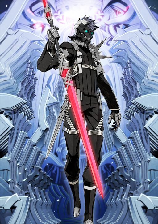 1boy arm_at_side black_hair black_mask black_pants black_shirt blue_background chest_harness covered_face fate/grand_order fate_(series) foot_out_of_frame gauntlets glowing glowing_sword glowing_weapon gram_(fate) hand_up harness holding holding_sword holding_weapon long_sleeves male_focus medium_hair miwa_shirow multicolored_hair official_art pants sheath shirt sigurd_(fate) sigurd_(first_ascension)_(fate) solo spiked_hair sword third-party_source turtleneck two-tone_hair variant_set weapon white_hair