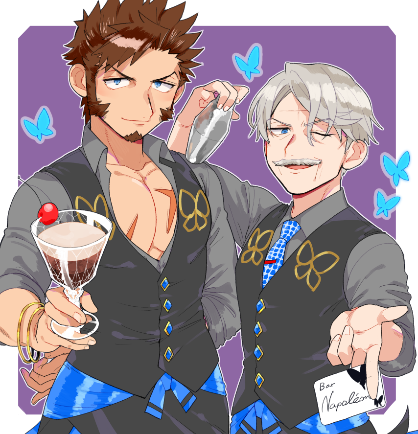 2boys alternate_costume alternate_hairstyle beard blue_butterfly blue_eyes brown_hair bug butterfly cocktail_shaker facial_hair fate/grand_order fate_(series) food ice_cream insect james_moriarty_(archer)_(fate) james_moriarty_(gray_collar)_(fate) long_sideburns long_sleeves looking_at_viewer male_focus multiple_boys muscular napoleon_bonaparte_(fate) necktie pants pectorals scar shitappa sideburns simple_background smile uniform