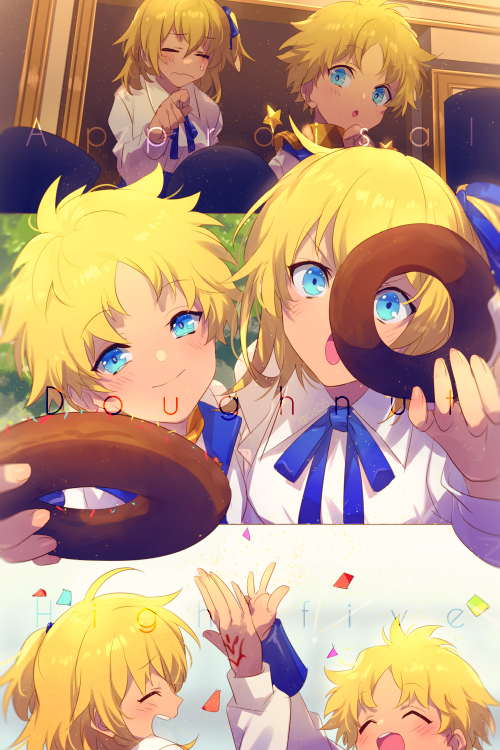 1boy 1girl ahoge alternate_eye_color alternate_hair_color blonde_hair blue_eyes blush breasts closed_eyes collared_shirt command_spell confetti donut dress_shirt echo_(circa) fate/grand_order fate/requiem fate_(series) food fujimaru_ritsuka_(female) fujimaru_ritsuka_(female)_(anniversary_blonde) hair_ornament hair_scrunchie high_five long_sleeves looking_at_viewer medium_breasts multiple_views one_side_up open_mouth parted_bangs scrunchie shirt short_hair smile voyager_(fate) voyager_(second_ascension)_(fate) white_shirt