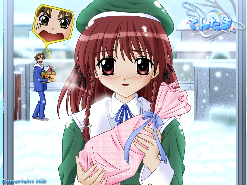 1boy 1girl 2000s_(style) aizawa_takashi aqua_ribbon archived_source arrow_(projectile) beret black_ribbon blue_jacket blue_pants blue_ribbon blush box braid branch brown_eyes brown_footwear brown_hair bush buttoned_cuffs buttons cardboard_box collar collared_shirt company_name copyright_name cracked_egg cross cross_hair_ornament day egg english_text facing_viewer fingernails from_inside full_body gate gift gift_bag green_hat green_jacket green_sleeves hair_ornament hair_ribbon hat holding holding_box holding_gift hood hood_down hooded_jacket house jacket koshimizu_takayuki latin_cross light_brown_hair logo long_hair looking_at_another looking_at_viewer low-tied_long_hair official_art official_wallpaper open_mouth outdoors pants pink_bag ribbon sailor_collar second-party_source shirt single_wing sleeve_cuffs snow snowing star_(symbol) straight-on suburb tentama tentama:_1st_sunny_side title translation_request twin_braids upper_body white_collar white_hood white_sailor_collar white_shirt white_sleeve_cuffs white_undershirt window wing_collar wings winter yellow_eyes yoshizawa_hatsune