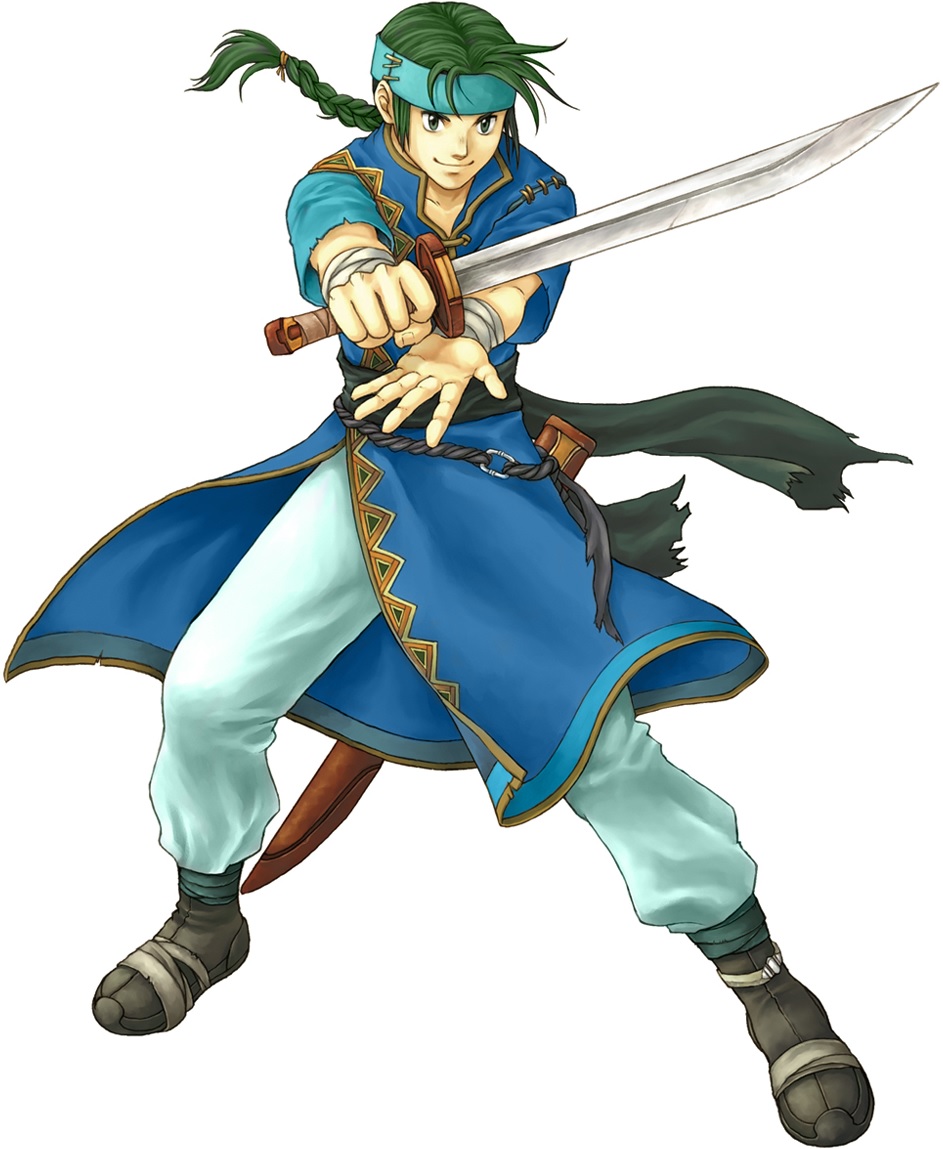 1boy boots braid fire_emblem fire_emblem:_the_blazing_blade full_body green_eyes green_hair guy_(fire_emblem) izuka_daisuke long_hair male_focus matching_hair/eyes nintendo official_art simple_background single_braid solo sword weapon white_background