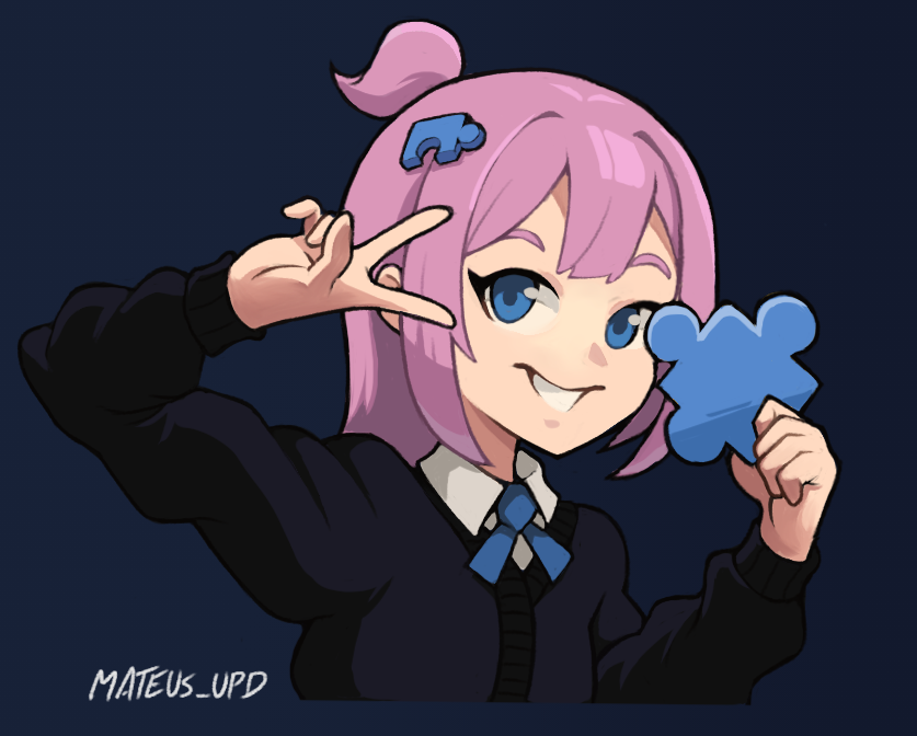 blue_eyes high_ponytail holding jigsaw_puzzle long_hair looking_at_viewer mateus_upd original parted_bangs pink_hair ponytail puzzle school_uniform smile sweater upper_body v