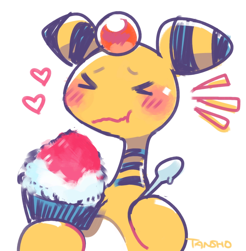 &gt;_&lt; ampharos artist_name blush closed_eyes closed_mouth commentary_request eating food gen_2_pokemon heart holding holding_spoon nintendo pokemon pokemon_(creature) pokemon_focus shaved_ice simple_background spoon tansho white_background