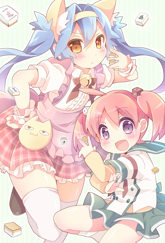 2girls animal_ear_fluff animal_ears apron bell blue_hair bow bowtie center_frills closed_mouth collared_shirt commentary_request extra_ears frilled_apron frilled_wrist_cuffs frills green_sailor_collar green_skirt hair_between_eyes hair_intakes hand_on_own_hip holding holding_mahjong_tile jingle_bell layered_sleeves long_hair long_sleeves looking_at_viewer mahjong mahjong_tile medium_hair miniskirt multiple_girls neck_bell neneko-n original pink_apron pink_hair plaid_clothes plaid_skirt purple_eyes red_bow red_bowtie red_skirt red_wrist_cuffs sailor_collar shirt short_over_long_sleeves short_sleeves skirt smile thighhighs twintails white_shirt white_thighhighs wrist_cuffs yellow_eyes