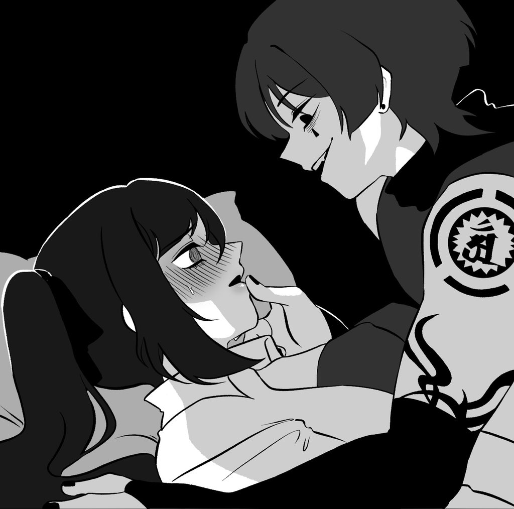 1boy 1girl alec_(isekai_trip) andou_megumi arm_tattoo bags_under_eyes black_background blank_eyes blunt_ends blush bow boy_on_top bra collared_shirt couple covered_erect_nipples earrings elbow_gloves facial_mark fingerless_gloves fingernails genshin_impact gloves hair_bow hetero isekai_trip_saki_de_tasukete_kureta_no_wa_hitogoroshi_no_shounen_deshita jewelry kakihara_tetsuya koviiy long_hair looking_at_another lying mona_(genshin_impact) monochrome on_back on_bed open_clothes open_mouth open_shirt parody scaramouche_(genshin_impact) shirt sidelocks sleeveless sleeveless_shirt sweatdrop tattoo teeth thumb_to_mouth twintails underwear upper_teeth_only voice_actor_connection