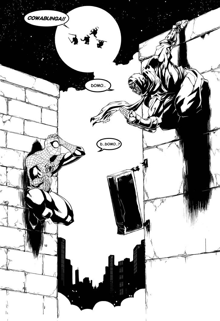 10s 6+boys arm_guards armor brick_wall broken building cityscape comic crossover cyberpunk donatello_(tmnt) dual_wielding fujikido_kenji full_moon greyscale hammer_(gekidan_sharing_sky) hand_gesture hand_on_head holding katana leonardo_(tmnt) looking_at_another male_focus marvel mask michelangelo_(tmnt) monochrome moon mouth_mask multiple_boys muscular new_york_city night night_sky ninja ninja_slayer nunchaku polearm raphael_(tmnt) sai_(weapon) scarf scenery sign silhouette sky skyscraper speech_bubble spider-man spider-man_(series) spider_web_print staff star_(sky) star_(symbol) starry_sky superhero_costume sword talking teenage_mutant_ninja_turtles turtle weapon