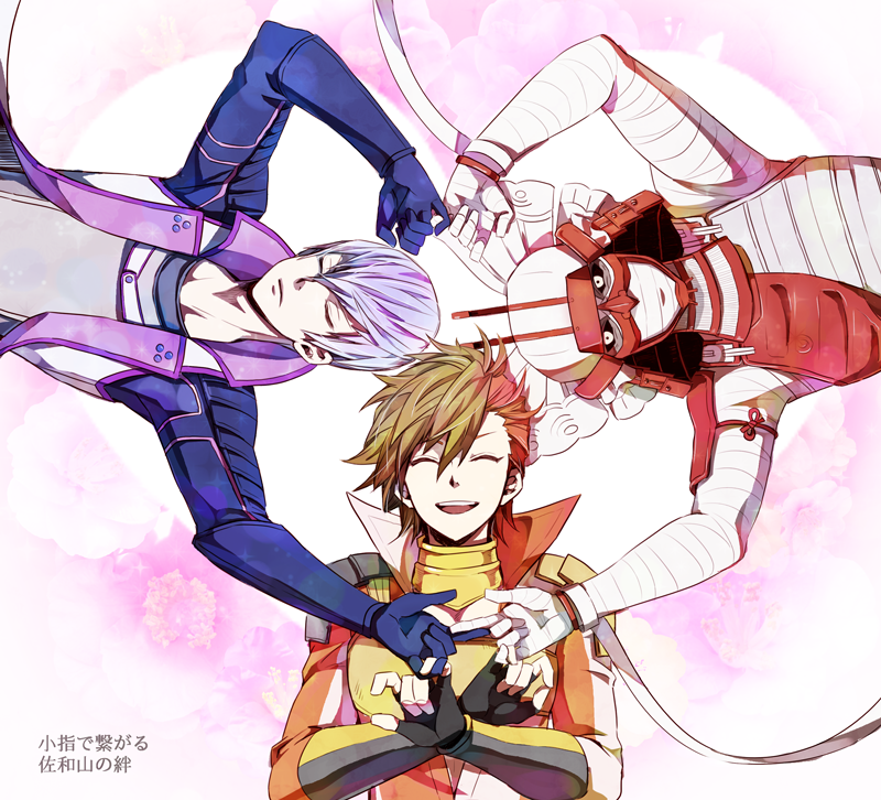 3boys :d ^_^ armor bandaged_arm bandaged_hand bandaged_head bandages black_gloves black_sclera blue_gloves brown_hair closed_eyes colored_sclera fingerless_gloves frown gloves ha0810 heart ishida_mitsunari_(sengoku_basara) japanese_armor looking_at_viewer male_focus multicolored_hair multiple_boys ootani_yoshitsugu_(sengoku_basara) open_mouth pink_background red_hair sengoku_basara shima_sakon_(sengoku_basara) short_hair shoulder_armor smile teeth two-tone_hair upper_teeth_only white_eyes white_hair