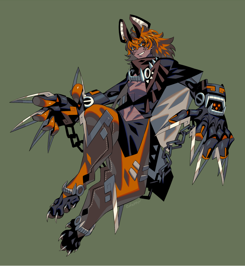 1boy animal_feet brown_bandana brown_pants chain chaps claws commentary_request dark-skinned_male dark_skin edarow freckles full_body green_background grin hyena_boy hyena_ears long_hair looking_at_viewer male_focus mechanical_arms midriff monster_boy orange_eyes orange_hair original pants simple_background smile solo